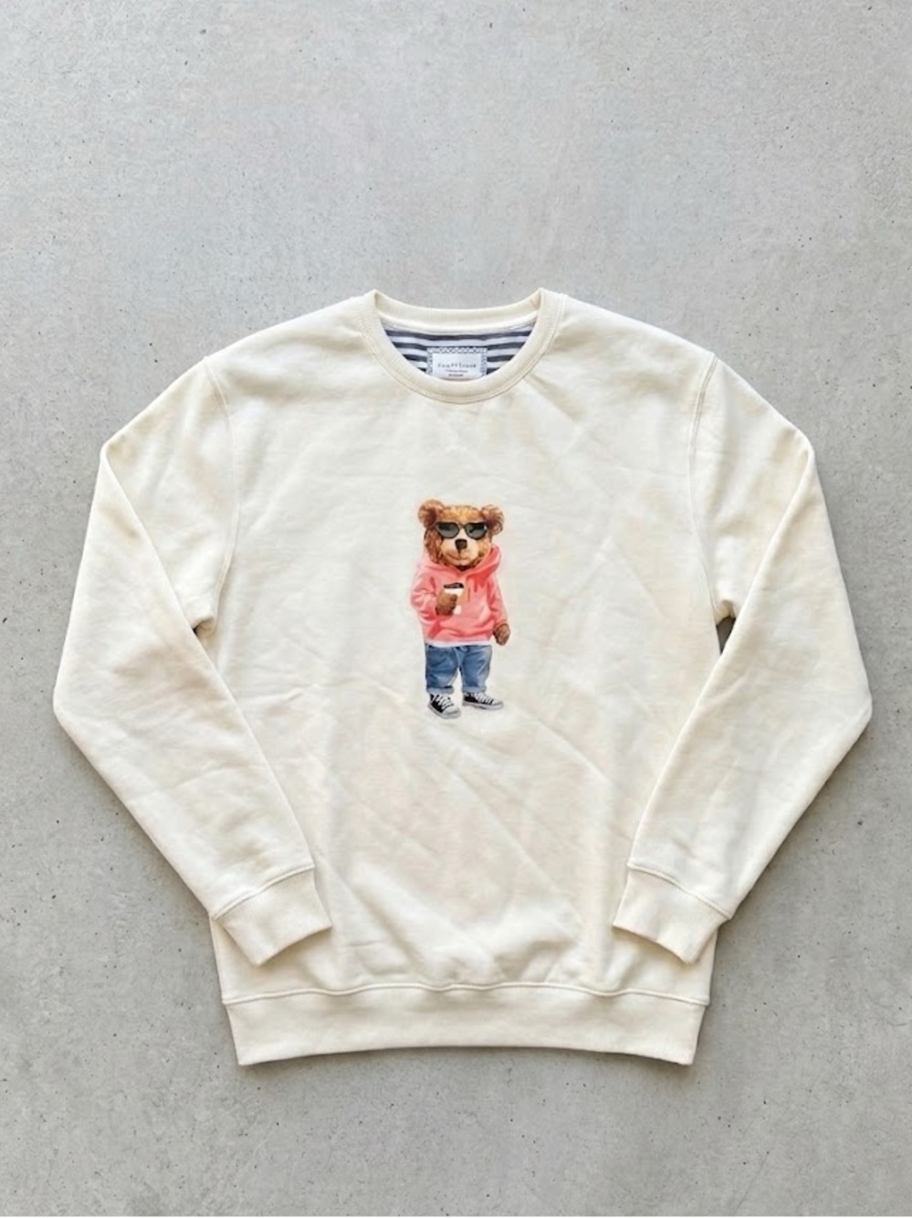 Denim & Flower Cream Crewneck Sweatshirt with Navy Stripe Lining